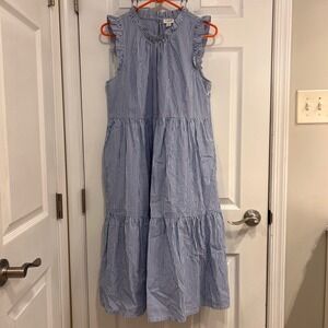 J.‎ Crew Blue White Striped Tiered Midi Dress Ruffle Neck Sleeveless